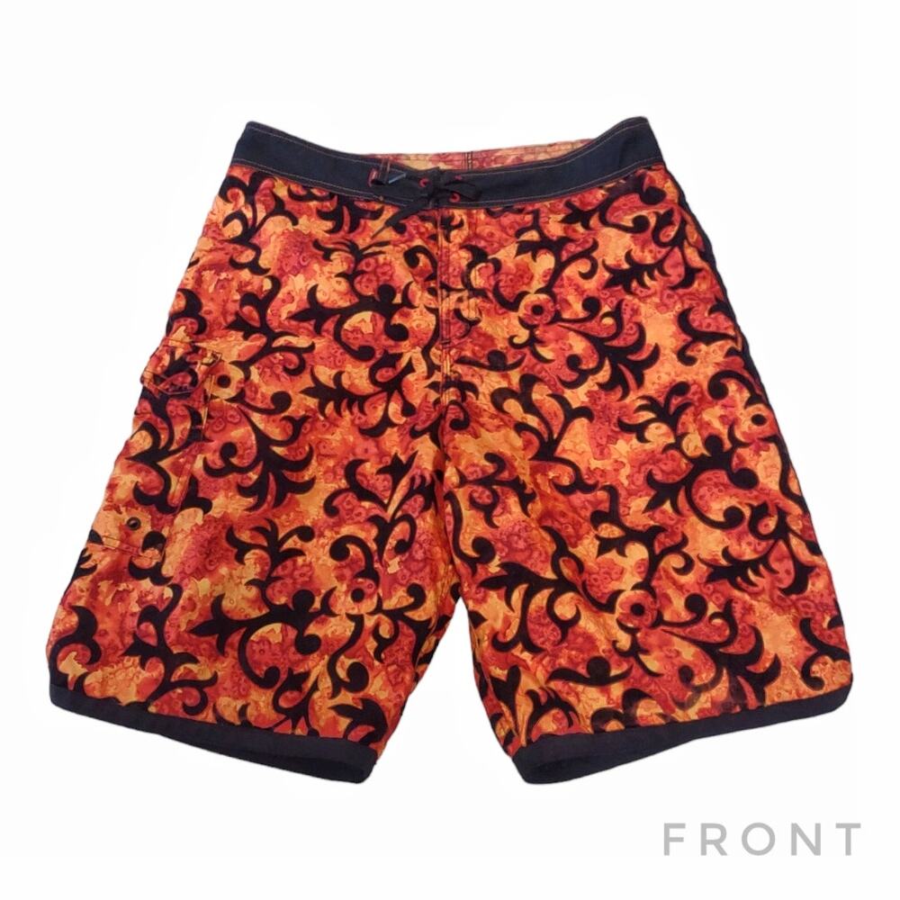QUICKSILVER Men's Boardshorts Size 33 Fire Flame Print with Black Velvet Overlay